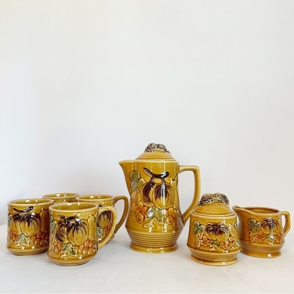 VTG 1950s Japanese Teapot 7 PC Tea Set Ceramic Harvest Gold Fruit Embossed